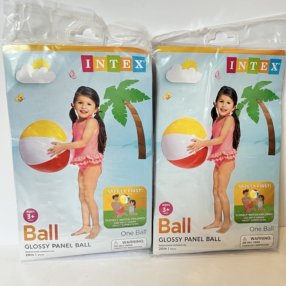 (Lot of 2) Intex 20" Glossy Panel Inflatable Beach Ball White Blue Red Yellow